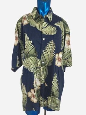Men's Navy Tropical Leaf Print Short-Sleeve Button-Down Shirt